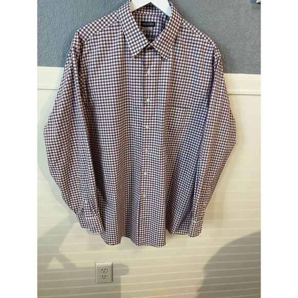 Van Heusen Regular Fit Wrinkle Free Plum Plaid Collared Dress Shirt Size 17 1/2 - Picture 4 of 7